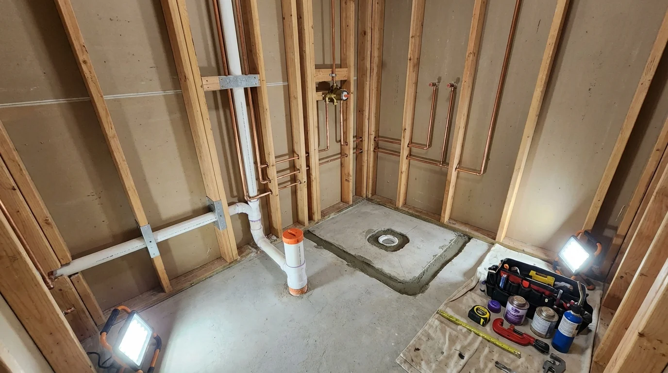 Bathroom rough-in plumbing during remodel by Johns Plumbing LLC in Westfield