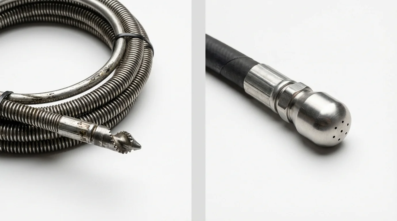 Drain snake cable and hydro jetting nozzle used for drain cleaning in Westfield, WI