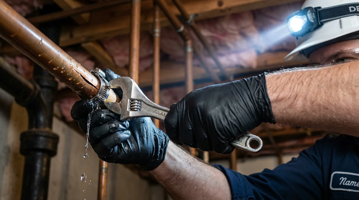 Emergency pipe clamp repair being performed by a Johns Plumbing LLC plumber in Westfield