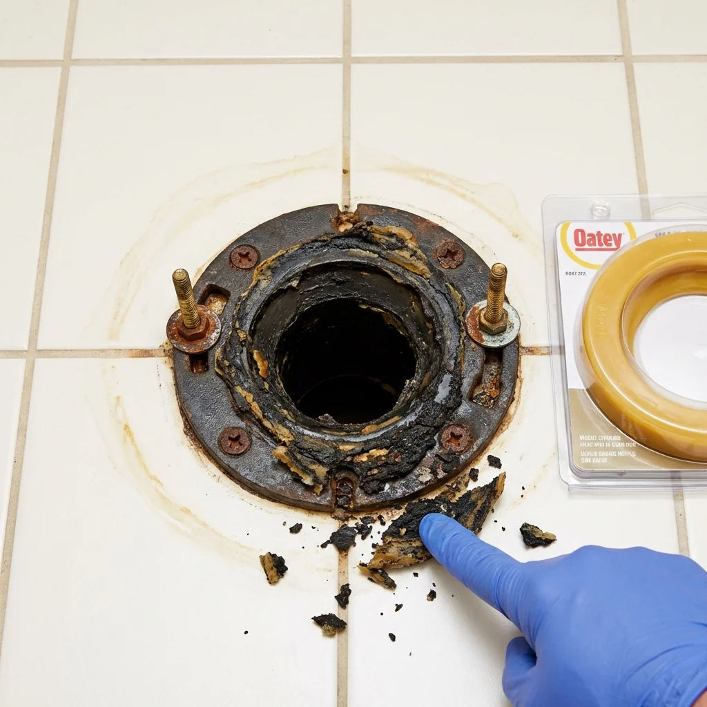 Failed wax ring showing water seepage at the base of a toilet in a Westfield, WI home