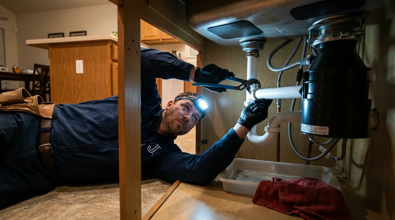 P-trap and supply line connections under a kitchen sink showing a common leak point in Westfield, WI